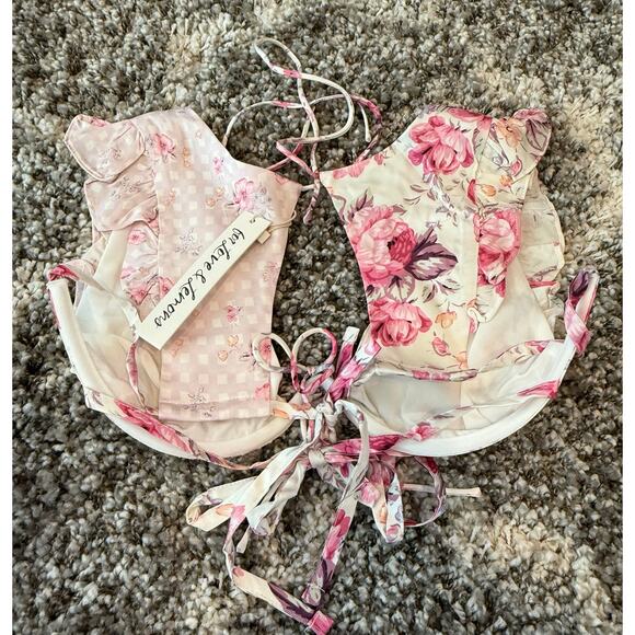 For Love & Lemons NWT Taylor Pink Floral Ruffle Crop Top Ruched Skirt Set Large - Picture 7 of 15